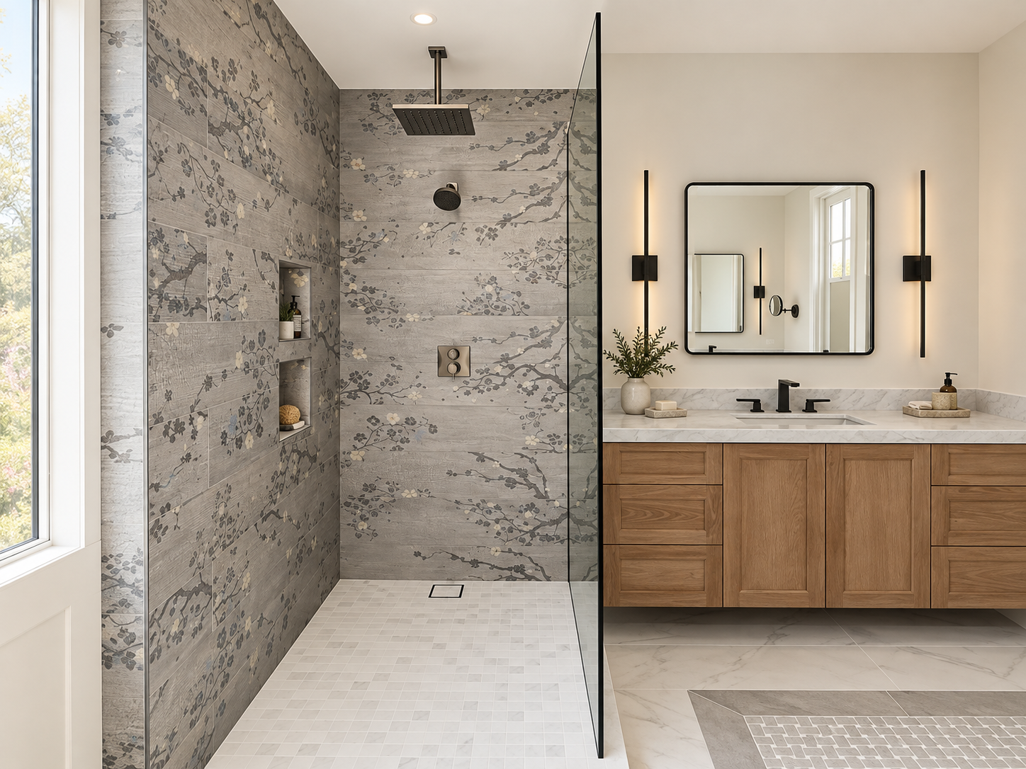 Stone-tiled walk-in shower beside a wood vanity and wall mirror.