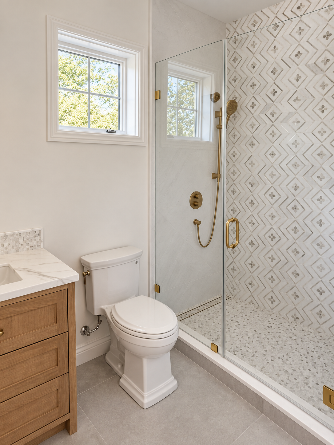 Bathroom with a wood vanity, patterned tile, and a glass shower enclosure.