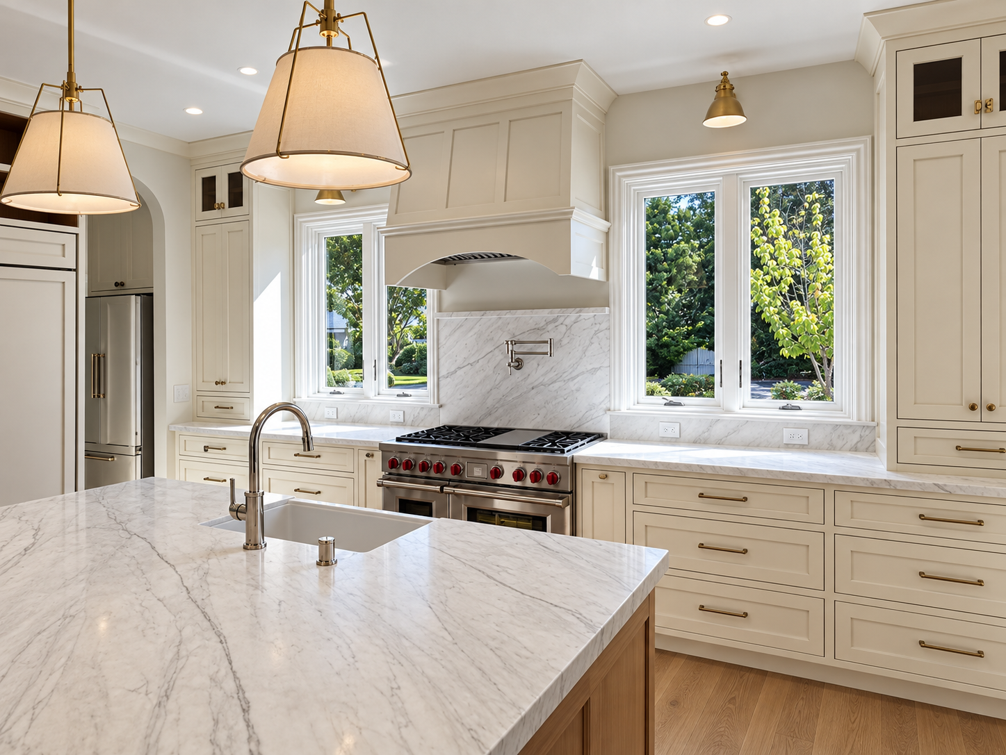 White kitchen island and pendant lighting in the Edgewood Park custom home.