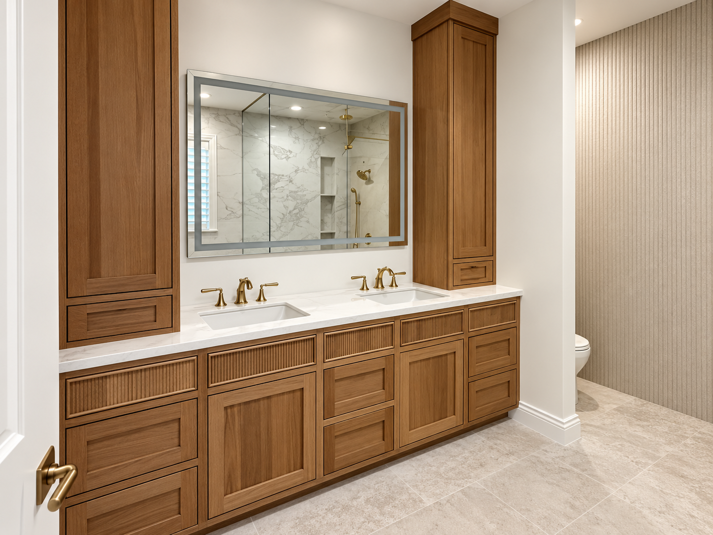 Double vanity with wood cabinetry, stone countertop, and wall lighting.