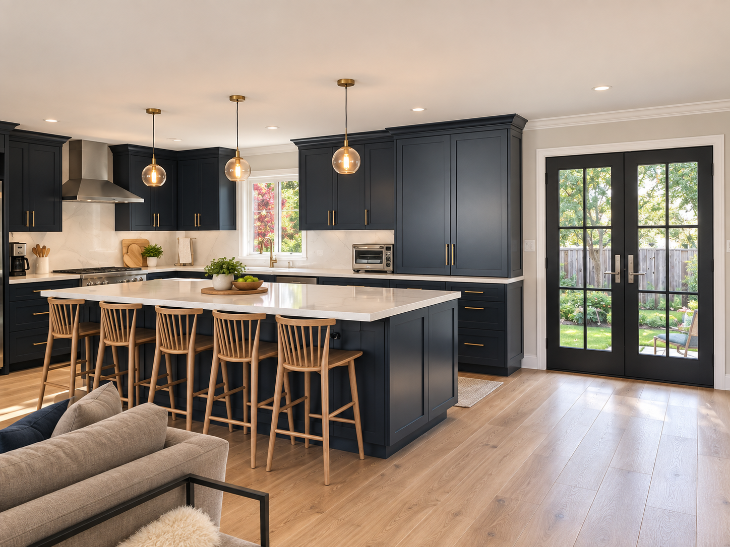 Wide view of the Hillsborough kitchen remodel, showing island seating and doors to the garden.