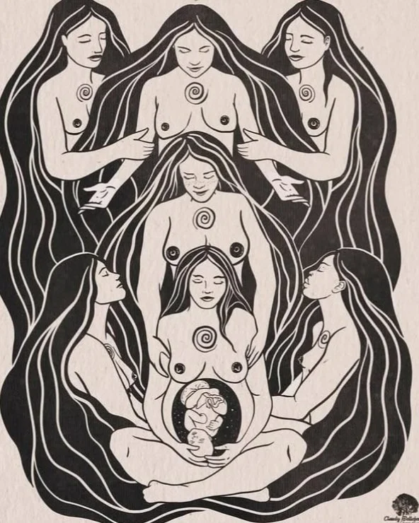 Image of pregnant woman surrounded by her sisters, celebrated with joy and love.