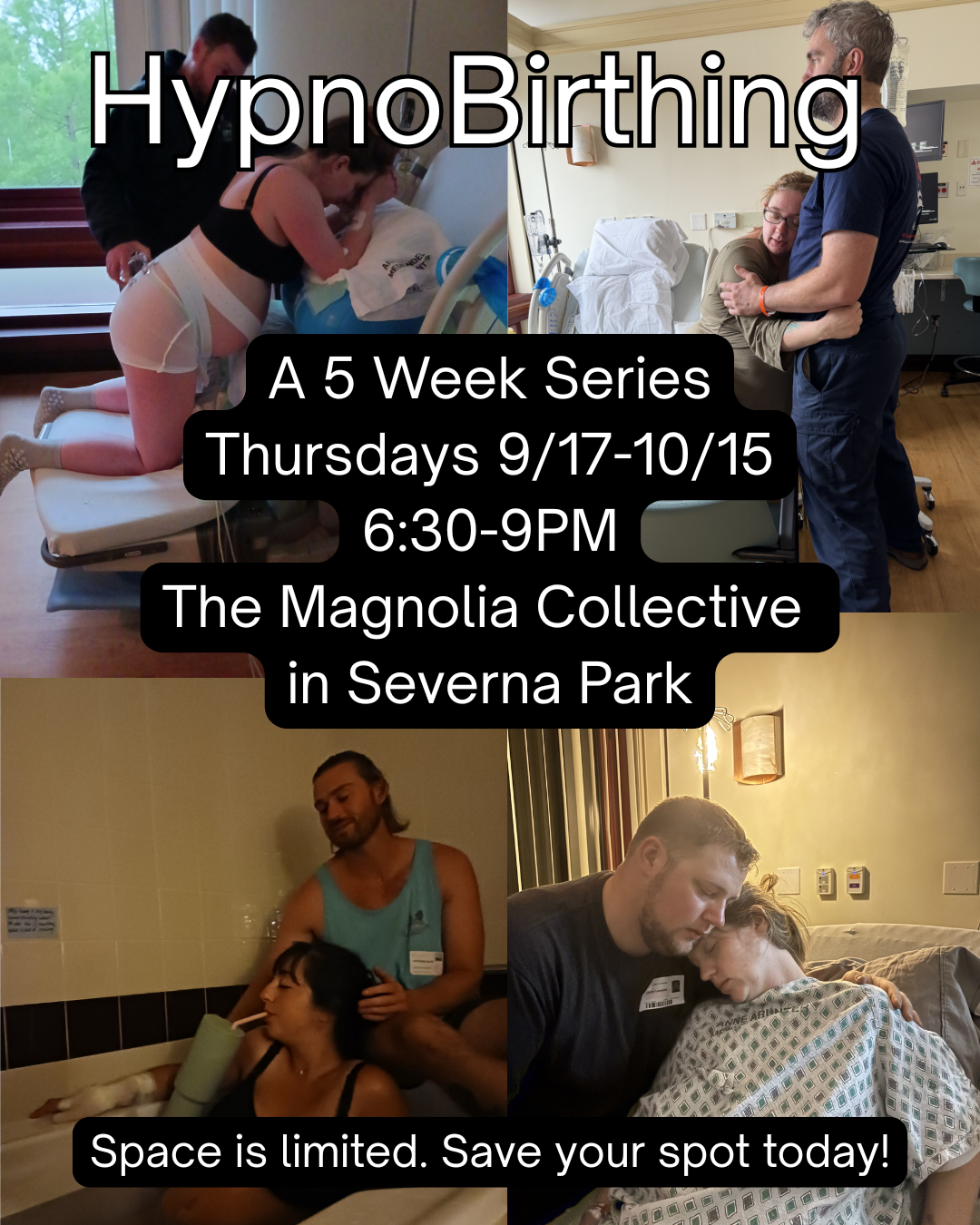 In-person HypnoBirthing classes starting Sept 17-Oct 15th in Severna Park, MD. Picture is partners helping moms through labor.