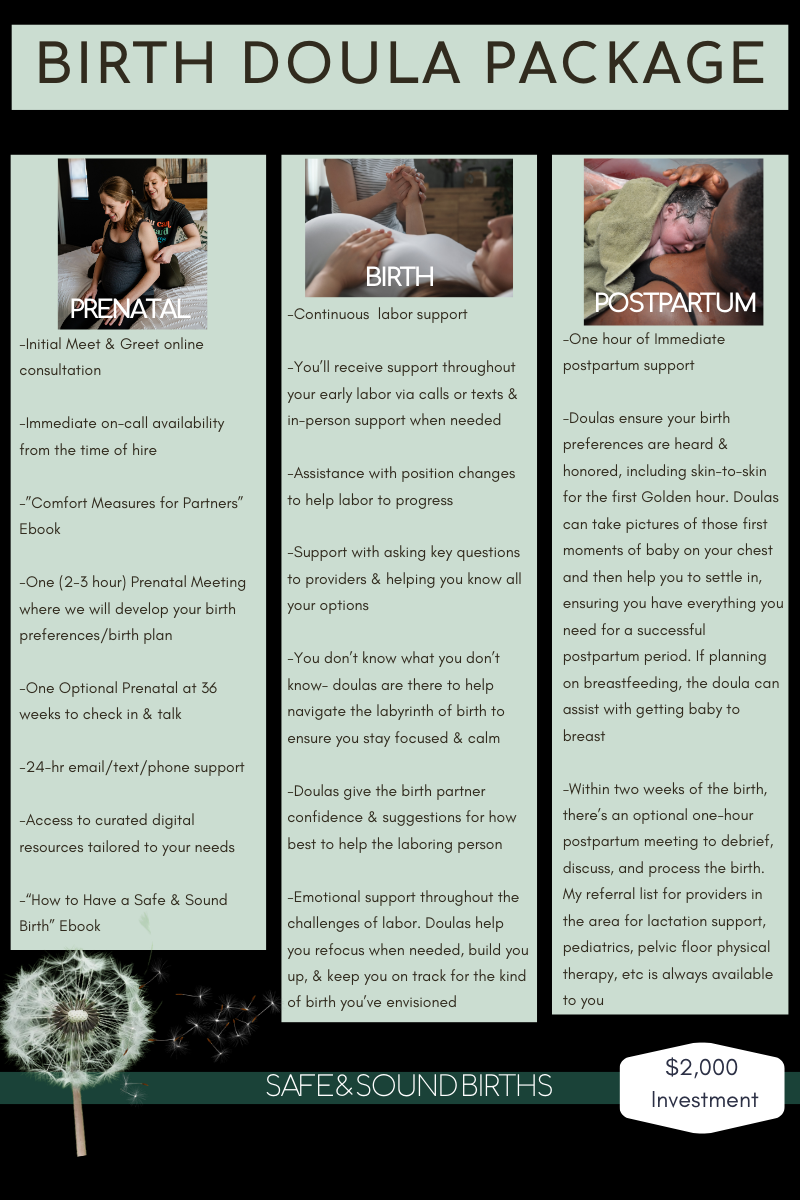 The Birth Doula Package includes prenatals, birth support, and postpartum options.