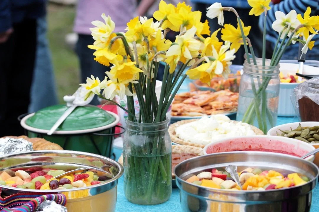 Homemade food is good for the soul at mother blessings. Fresh picked home grown flowers adorn the table as well.