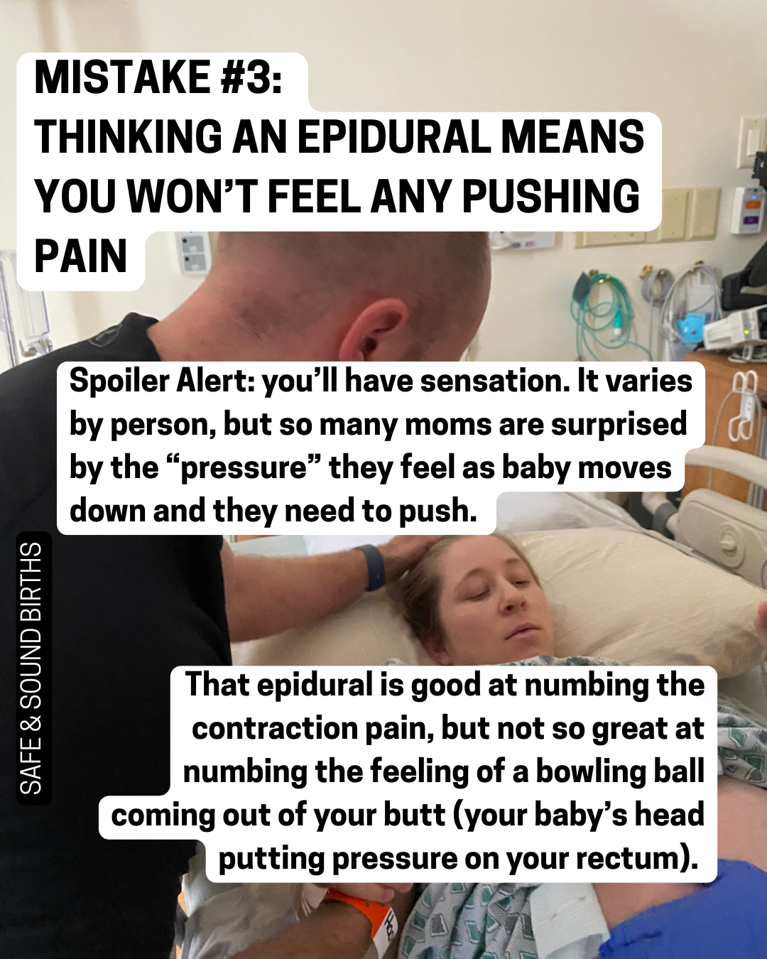 Woman in labor with an epidural at Anne Arundel Medical Center with Sarah Austin as their doula helping her cope with the sensations of pushing.