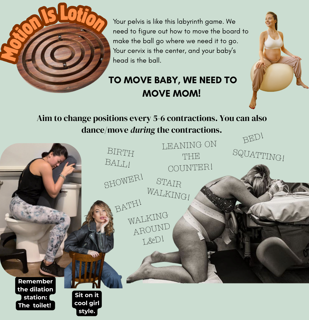 Ways to help labor to progress. Dilation station, movement, and positioning can all help. A good doula will know which positions will be helpful or help mom to tune into her instincts.