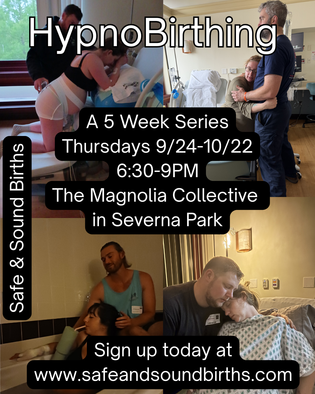 In-person HypnoBirthing classes  in Severna Park, MD. Picture is partners helping moms through labor.