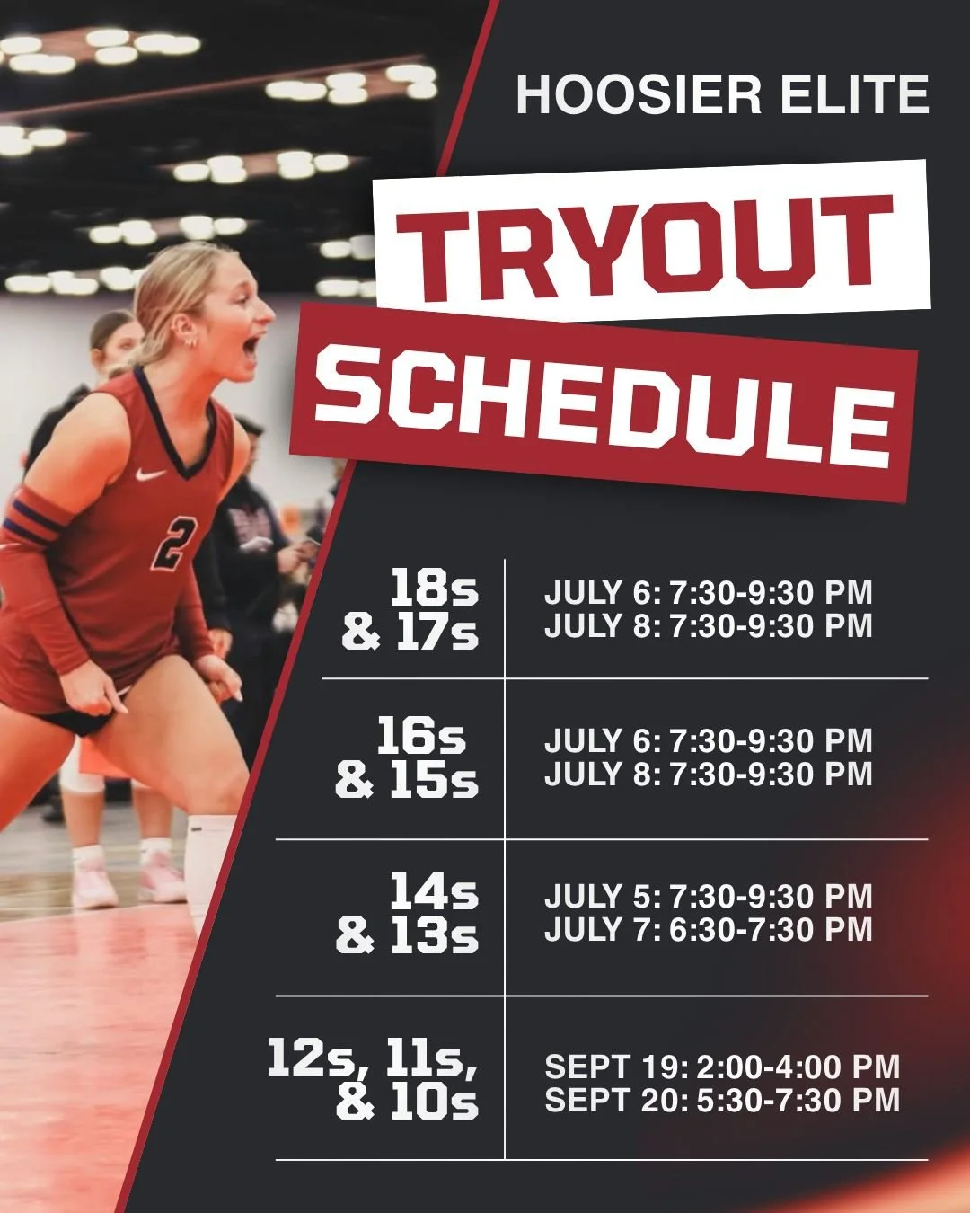 Hoosier Elite Volleyball tryouts are coming. 🏐

10U&ndash;18U
July: 18s&ndash;13s
September: 12s&ndash;10s

Come compete. https://www.hoosierelitevolleyball.com/tryout-information 

#HoosierElite #VolleyballTryouts #ClubVolleyball
