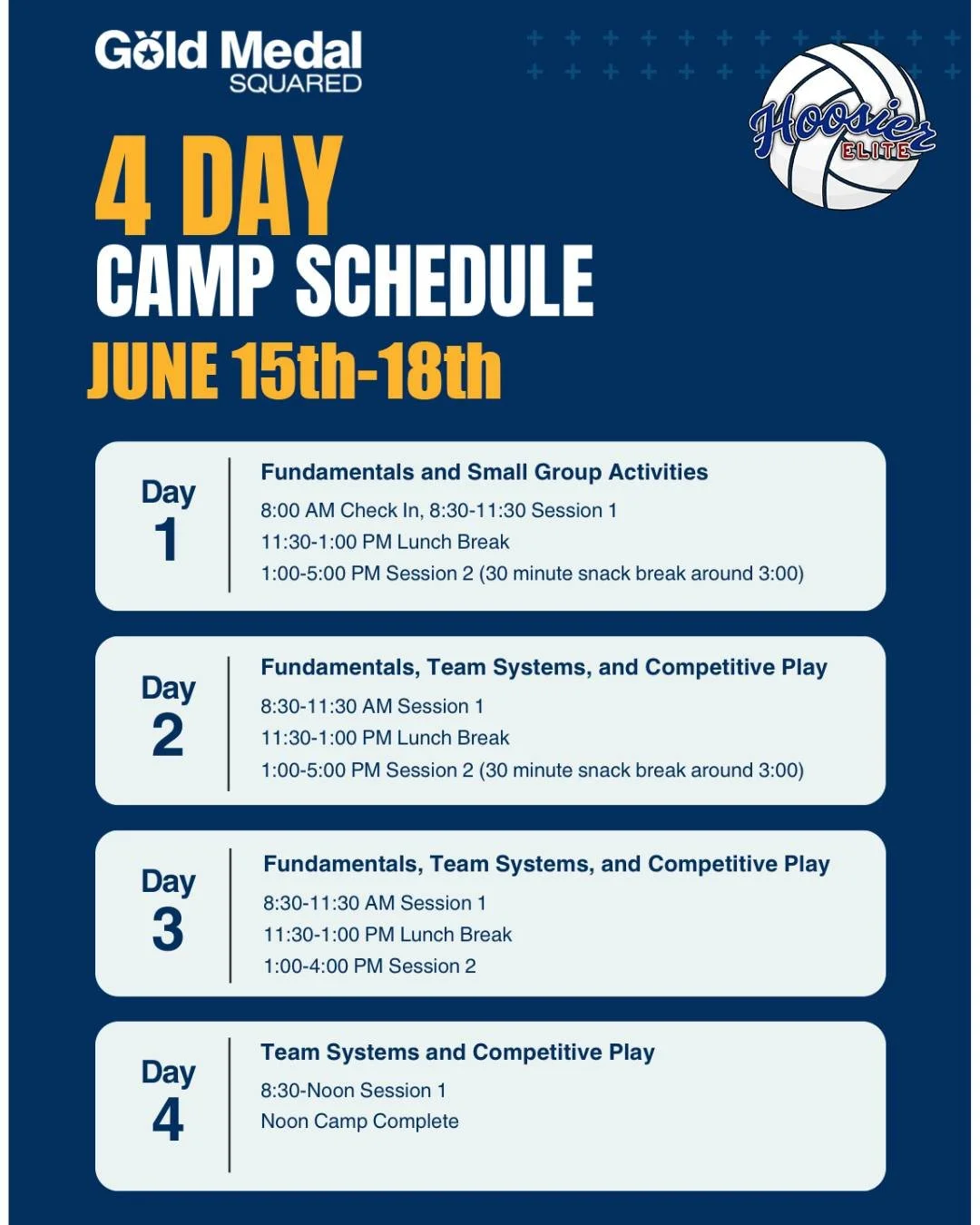 Gold Medal Squared is coming back to Hoosier Elite. Registration link in bio!

We are excited to host this 4-day camp at Pro Net Sports from June 15&ndash;18. This is a great opportunity for athletes to get high level training focused on fundamentals