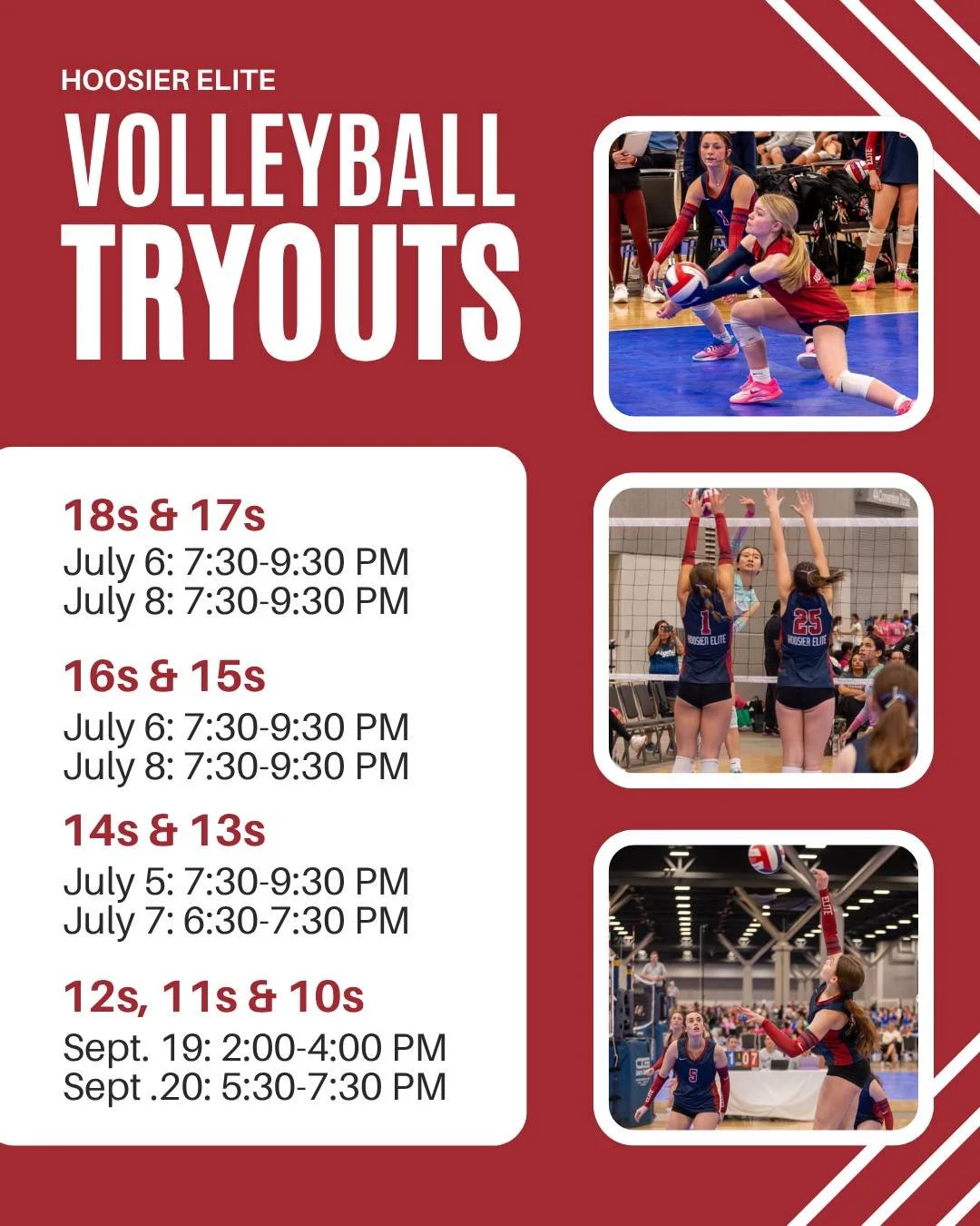 Choosing a club matters.

At Hoosier Elite, athletes are developed, challenged, and supported every step of the way.

Tryouts for 10U&ndash;18U are coming soon:
18s&ndash;13s in July
12s&ndash;10s in September

We would love to see you there. LINK IN