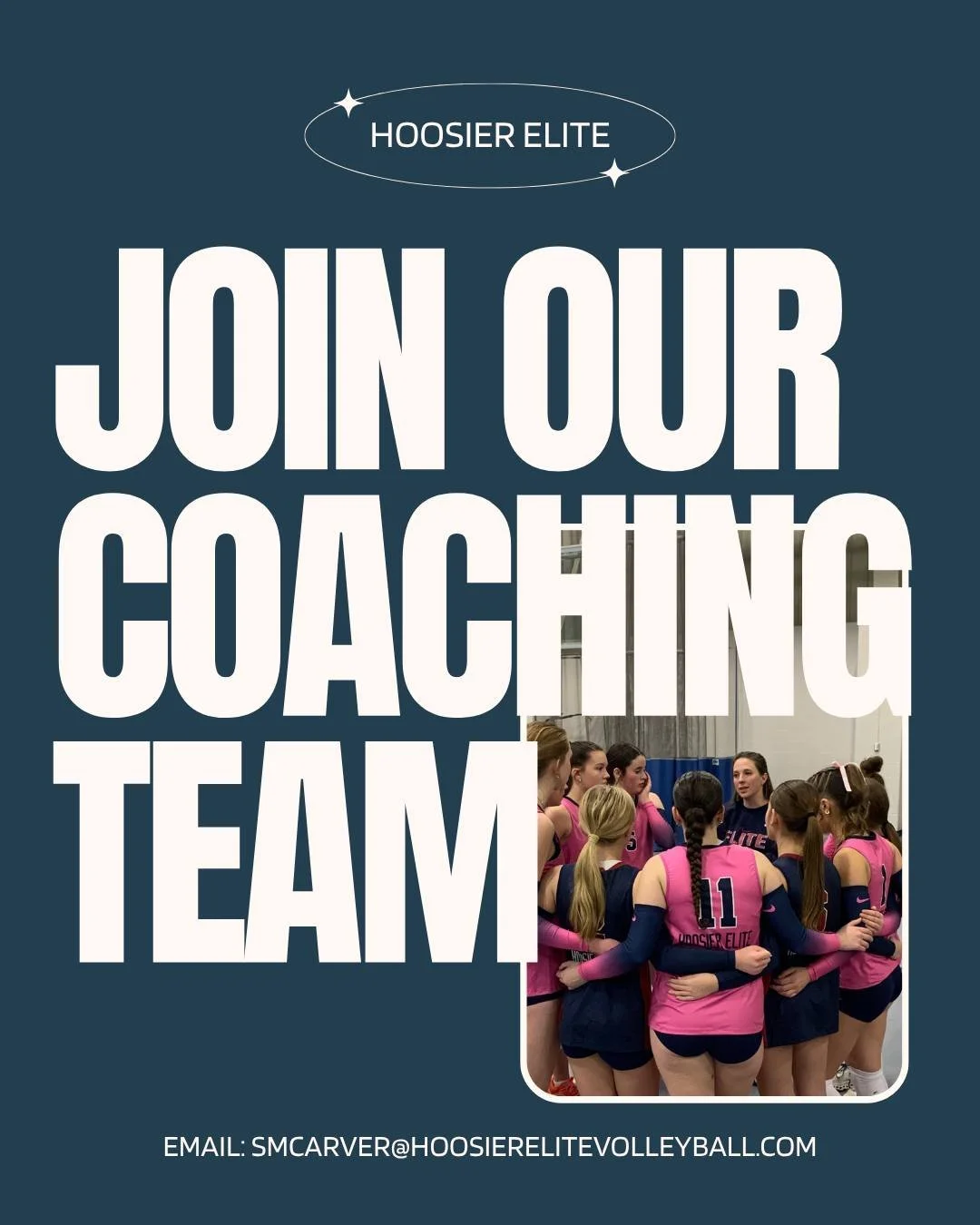We are hiring coaches for next season!

Do you love coaching volleyball and investing in the next generation of athletes? Hoosier Elite is looking for passionate, committed coaches to join our staff.

If you are interested, email smcarver@hoosierelit