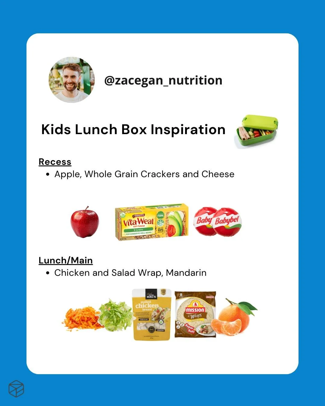 The first of my series of Kids Lunch Box inspiration posts, using the simple formula below - Use this to ensure you are getting all of the right nutrition into your little one's lunch box!

Recess: 1 x Piece of Fruit OR Veg, 1 x Carb, 1 x Protein
Lun