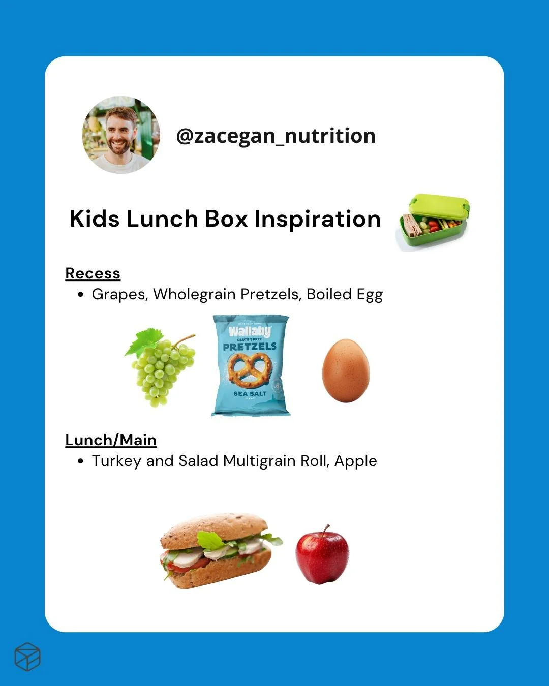 More from the series of Kids Lunch Box inspiration posts, using the simple formula below - Use this to ensure you are getting all of the right nutrition into your little one's lunch box!

Recess: 1 x Piece of Fruit OR Veg, 1 x Carb, 1 x Protein
Lunch