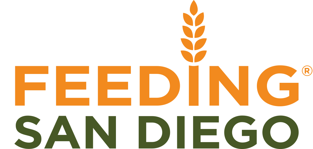 Feeding San Diego logo with orange and green text and a stylized wheat stalk. Sarah Marie Mayne a San Diego graphic designer displays this logo as she did design work with them.