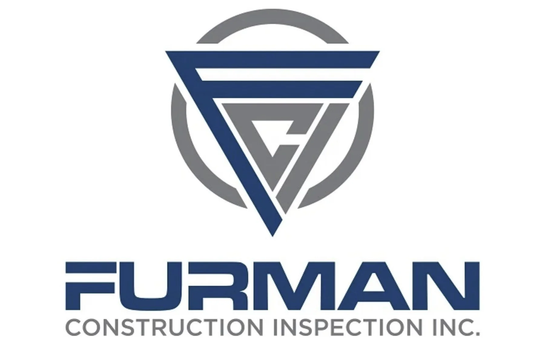 Logo for Furman Construction Inspection Inc. featuring a stylized triangular emblem with lines and a circle, in dark blue and gray colors.  Sarah Marie Mayne a Squarespace web designer displays this logo as she did custom designed their website.