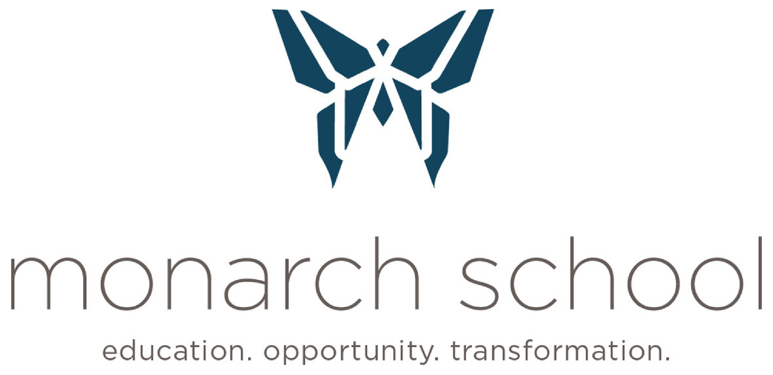 Monarch School logo featuring a stylized blue butterfly with the tagline 'education. opportunity. transformation.'  Sarah Marie Mayne a San Diego branding studio displays this logo as she created a brand identity and custom website.