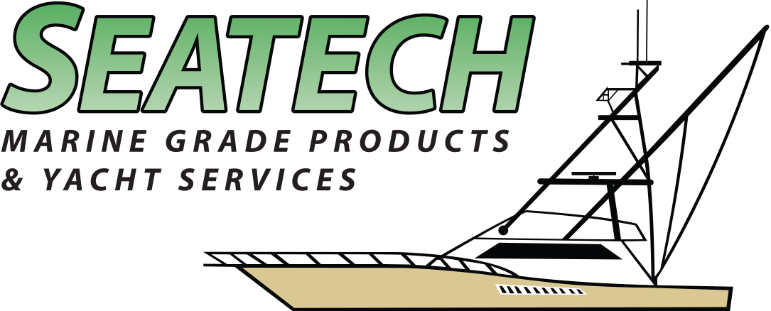 SEATECH logo with slogan 'Marine Grade Products & Yacht Services' and a black and beige sketch of a yacht. Sarah Marie Mayne, a San Diego graphic designer, designs custom marketing collateral for them.