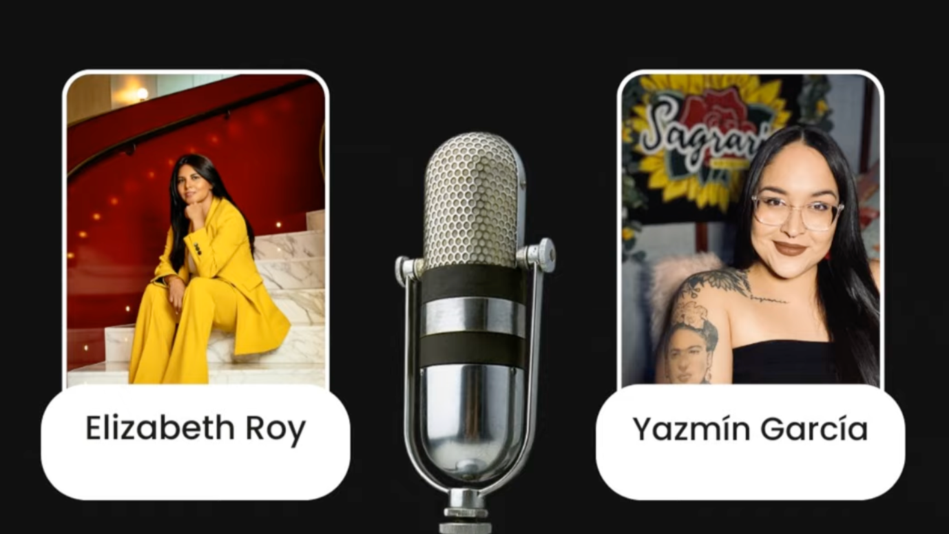 A digital graphic showing two women, Elizabeth Roy on the left wearing a yellow suit, and Yazmín García on the right with glasses and multiple tattoos, with a vintage microphone in the center.