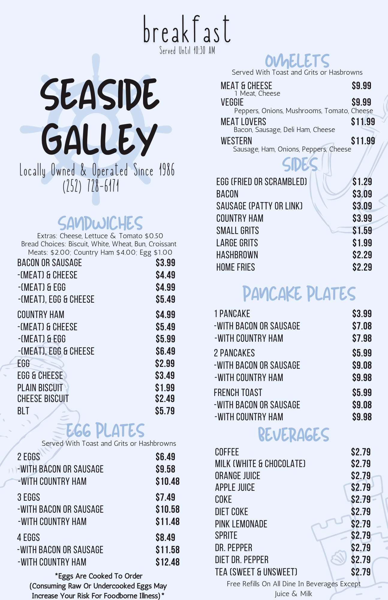 Menu from Seaside Galley offering breakfast options. Contains sections for omelets, sandwiches, egg plates, pancake plates, sides, and beverages. Prices and details for each item listed.