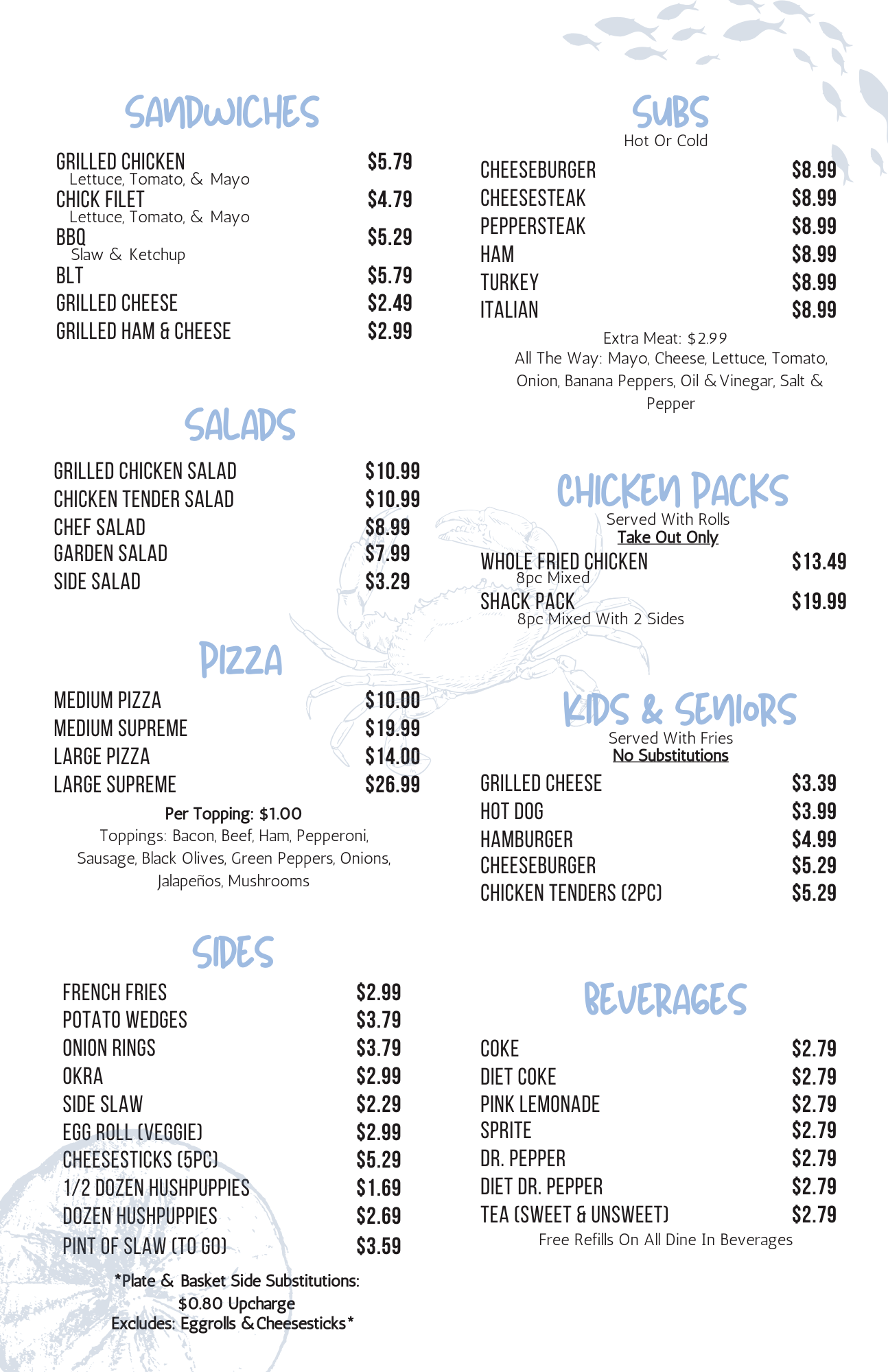 Menu featuring sandwiches, salads, pizza, sides, subs, chicken packs, kids and seniors, and beverages with prices listed. The menu has blue section headings and a background illustration of a crab.