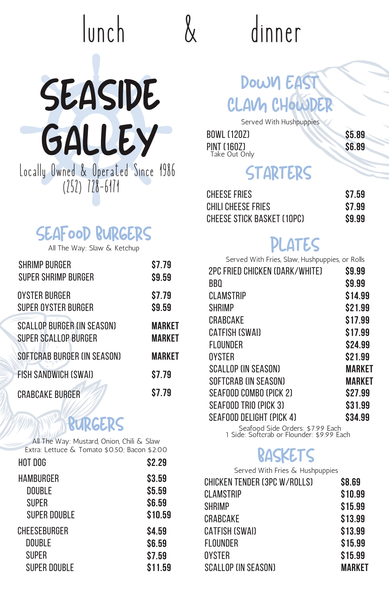 Seafood restaurant menu with sections for seafood, appetizers, burgers, plates, and baskets, including prices