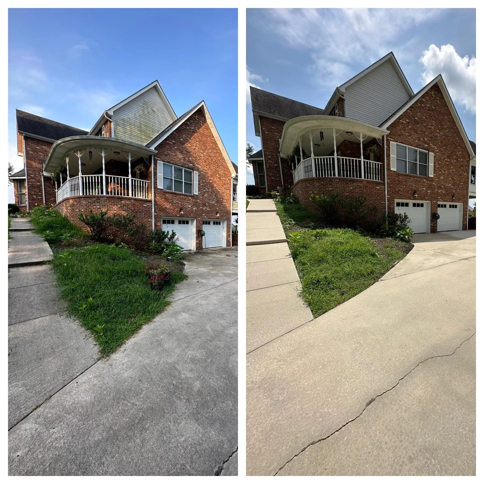 House before and after soft washing the siding and pressure washing the driveway in Middle TN