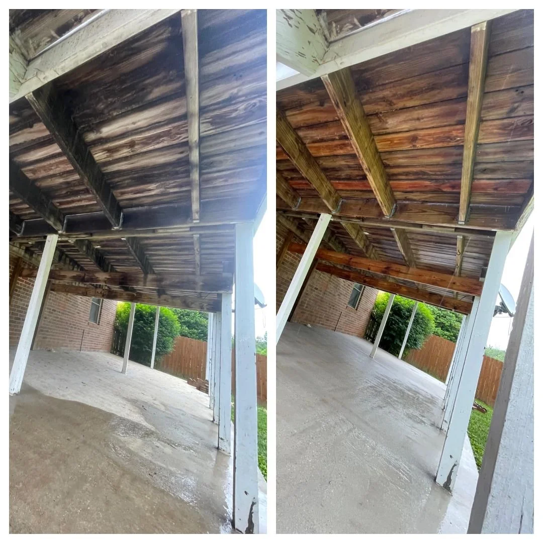 Side-by-side comparison of a porch or patio beneath a wooden deck, showing before and after cleaning of the wood.