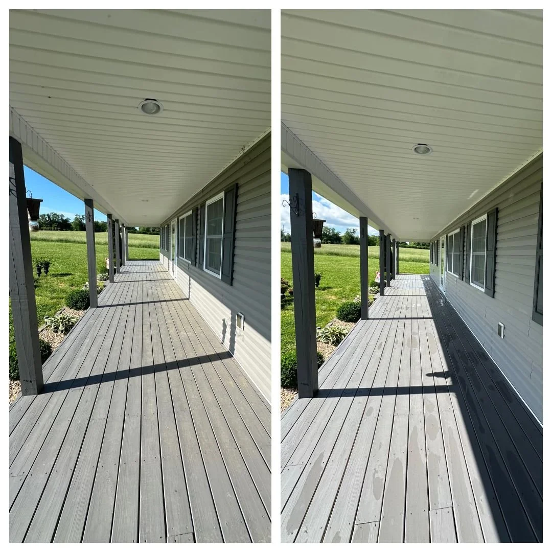 Comparison of a porch with light wood decking, showing before and after cleaning; the right side is cleaner with darker, wet wood, while the left side appears more faded and dusty.