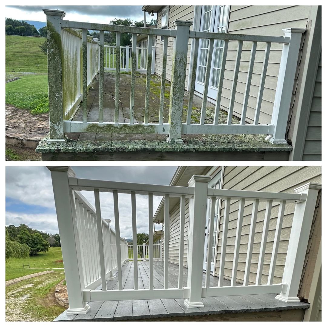 Side-by-side comparison of a porch railing before and after cleaning. The top image shows an old, mossy, and weathered railing, while the bottom image features a clean, freshly cleaned railing with a brighter appearance.