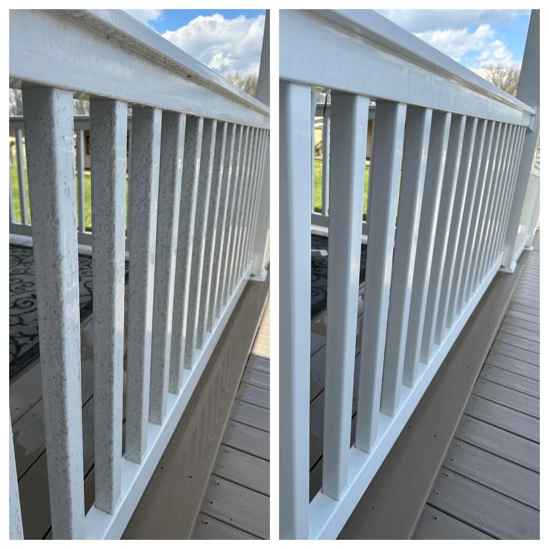 Comparison of two balcony railings, one showing rust and dirt, the other freshly painted, with a clear sky in the background.