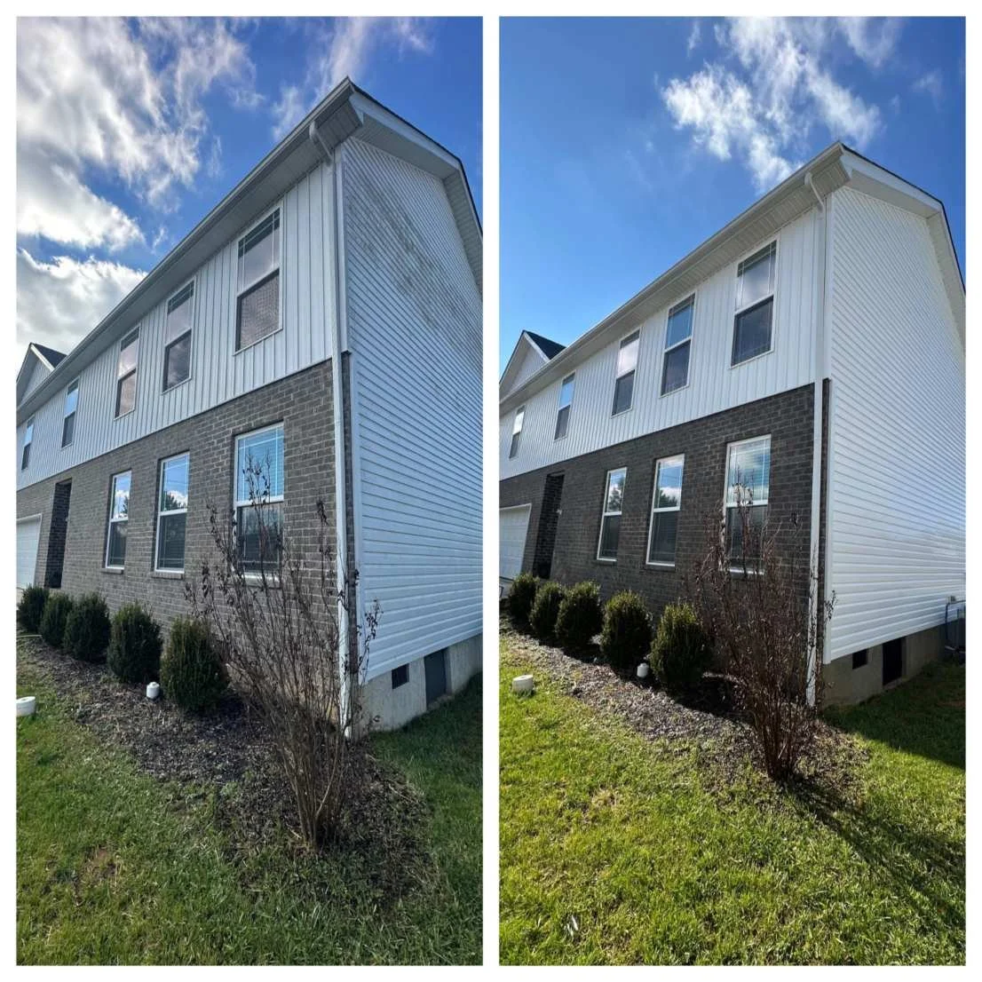 House siding and brick before and after soft washing in Middle TN, grime and mildew removed
