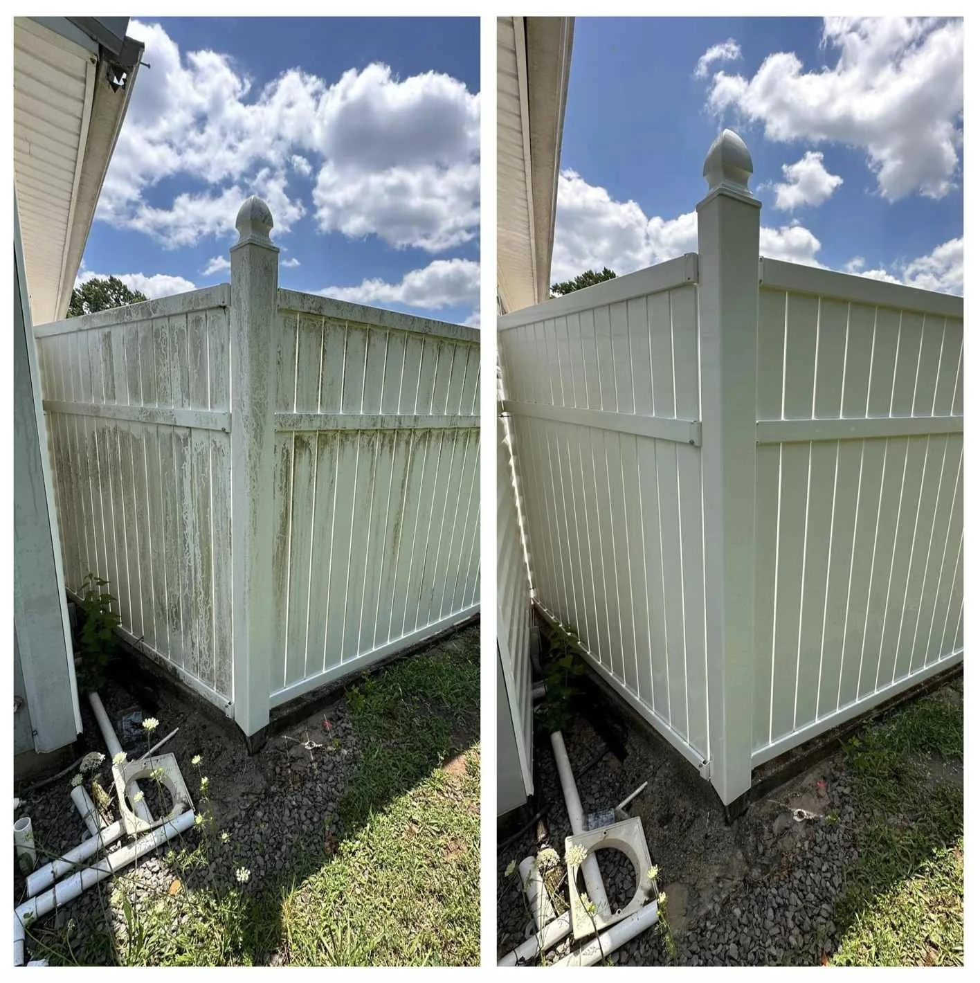 White vinyl privacy fence before and after soft washing in McMinnville, TN, showing heavy green algae streaks cleaned to a bright, even finish.