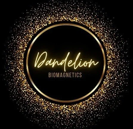 Dandelion Biomagnetics logo with gold sparkles around a black circular background.