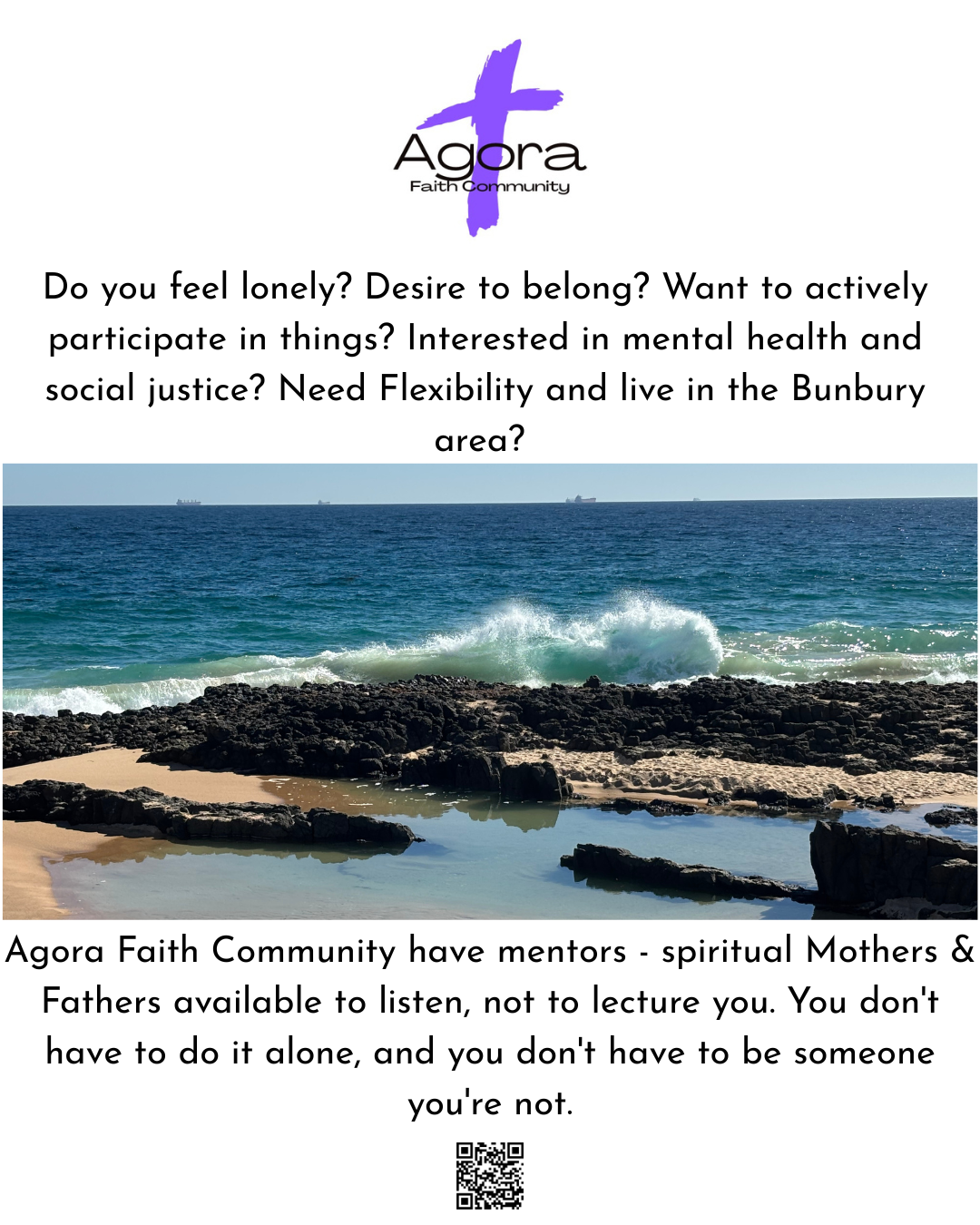 Poster with a purple cross logo and the words 'Agora Faith Community' at the top. Below, a message about mental health, social justice, and community support, with an ocean view with waves crashing on rocks.