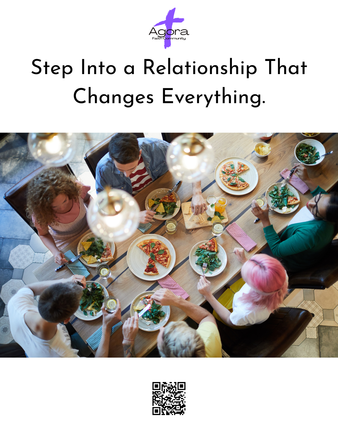 Group of people sitting around a dining table sharing a meal of pizza and salads, with drinks and utensils, in a restaurant or home setting.