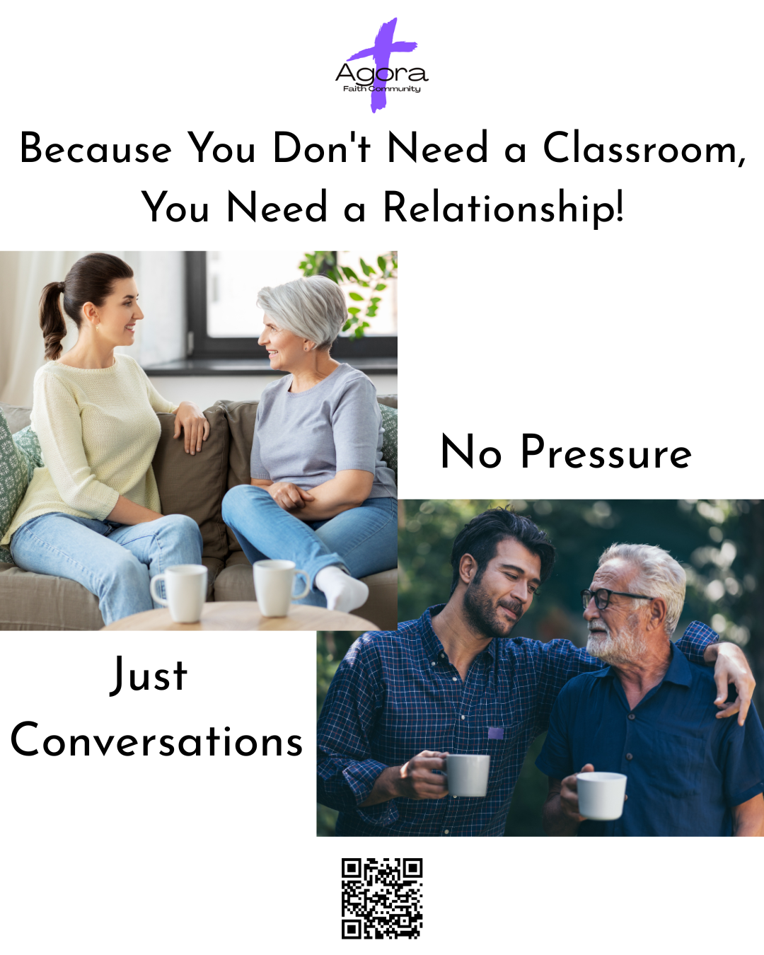 A promotional poster featuring two pairs of people having conversations, with text emphasizing the importance of relationships over classroom learning, titled 'Because You Don't Need a Classroom, You Need a Relationship!', with a logo at the top and 