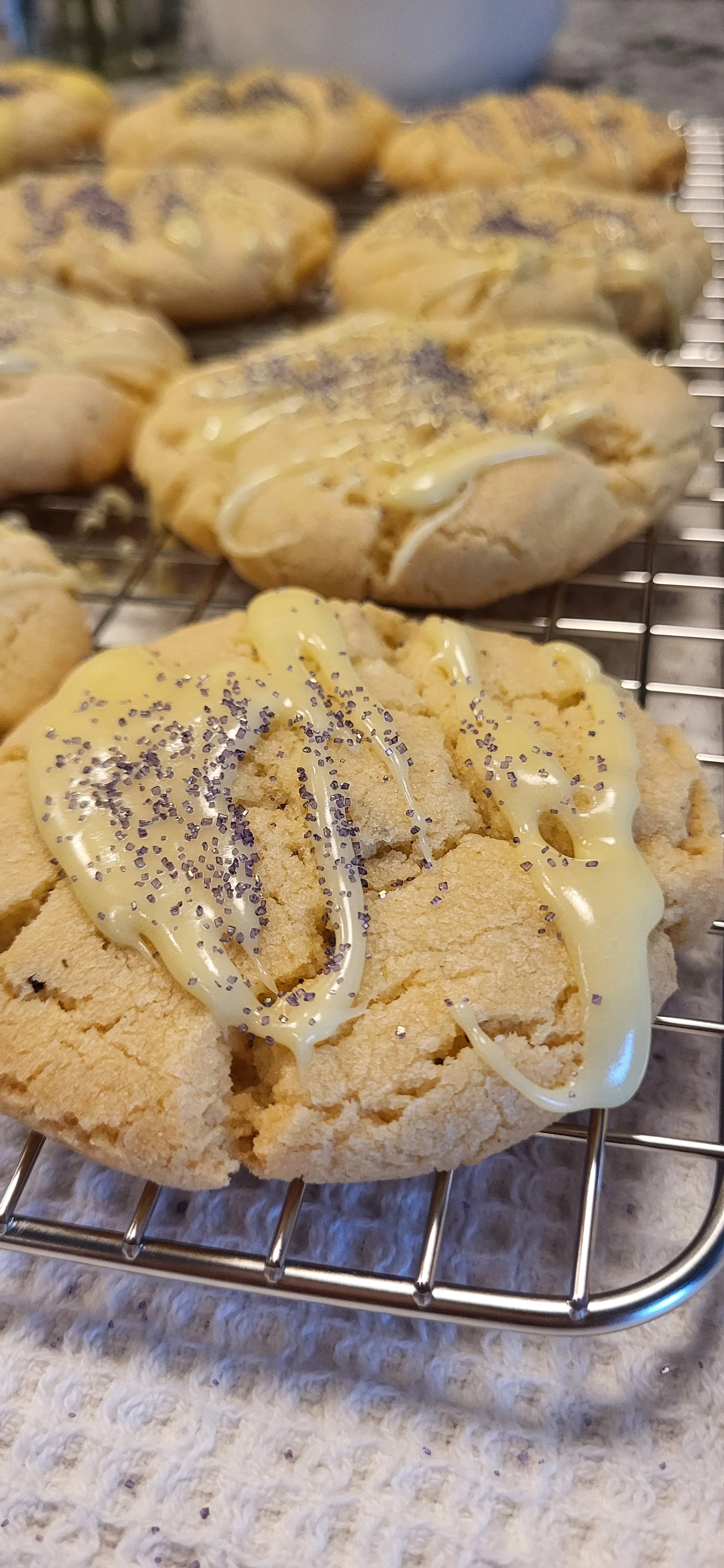 A lemon lavender cookie on a rack.