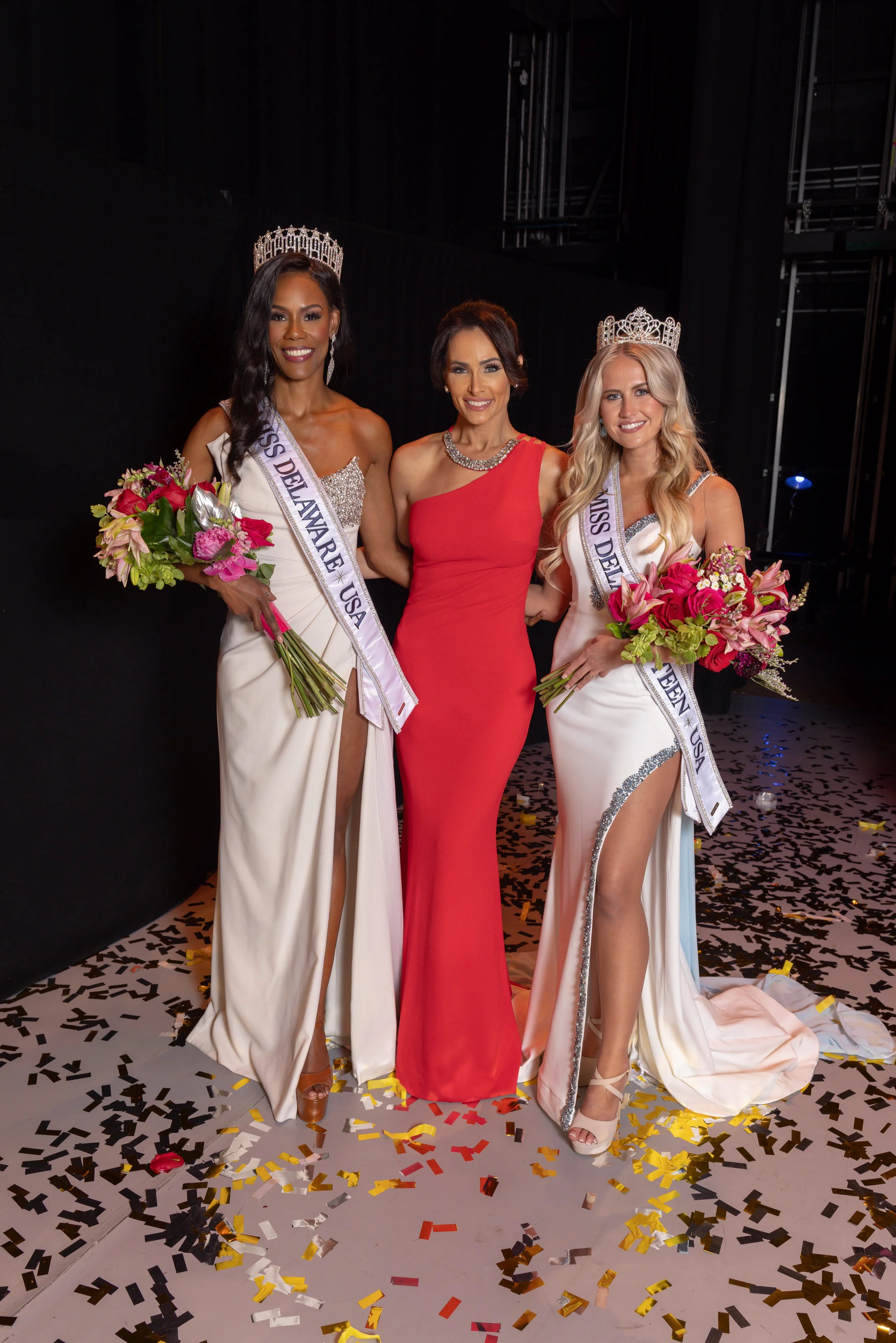 Miss Delaware USA 2025 Tetra Shaylice Shockly, Vincenza, and Miss Delaware Teen USA 2025 Cali Williams