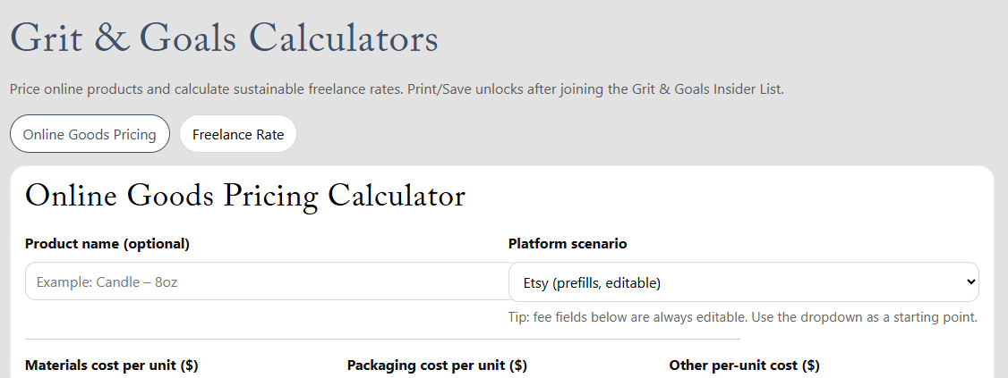 A screenshot of the site that leads to a online good pricing calculator