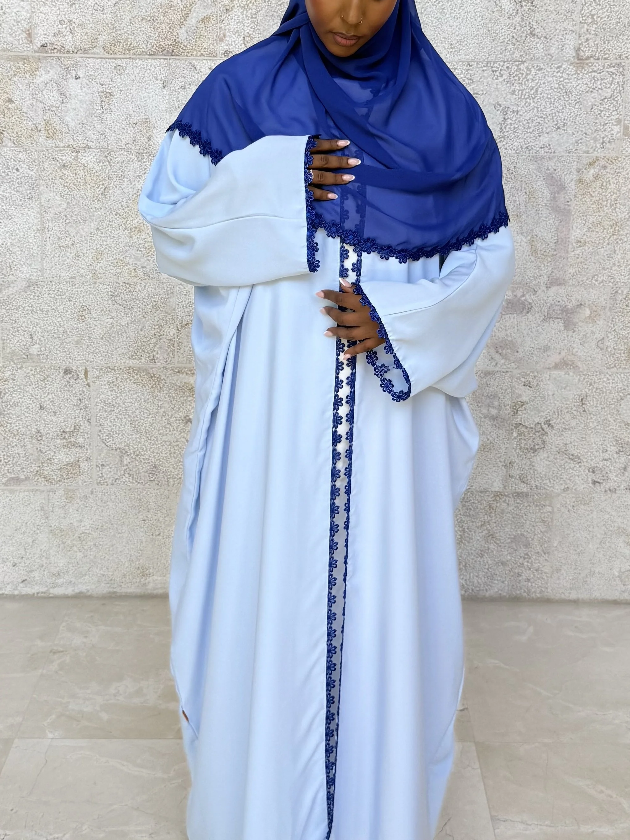 Iris Baby Blue Floral Lace Abaya & Hijab