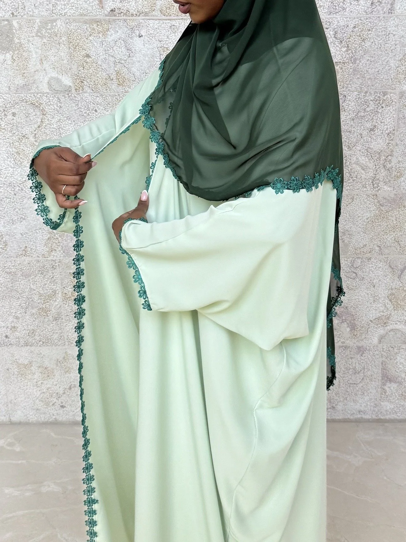 Jasmine Sage Green Floral Lace Abaya & Hijab