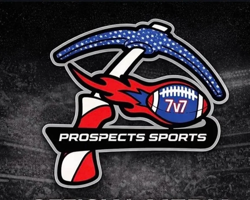 Logo for Prospects Sports featuring a cherry picker with American flag colors, an American football with 7v7 written on it, and the text 'PROSPECTS SPORTS'.