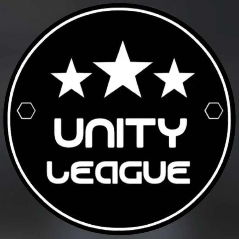 Black circular logo with three stars at the top and the words 'UNITY LEAGUE' in white capital letters below the stars.