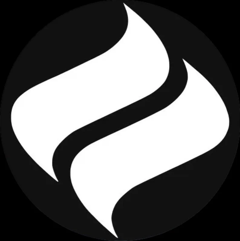A black circle background with a white stylized flame logo in the center.
