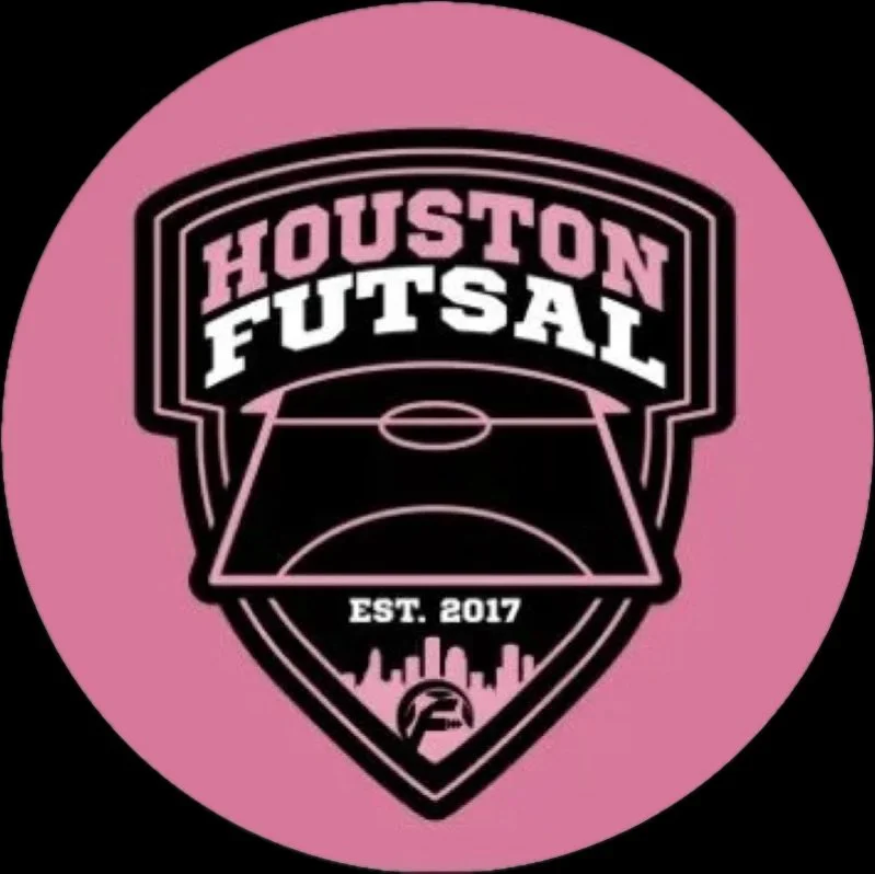 Logo for Houston Futsal, established in 2017, featuring a stylized futsal court and sports helmet, with a cityscape silhouette in the background, on a pink circular background.