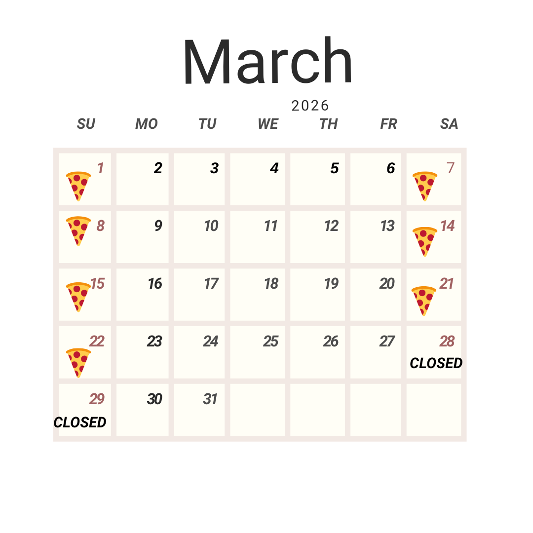 March 2026 Calendar showing open weekends for PizzAria PopUP