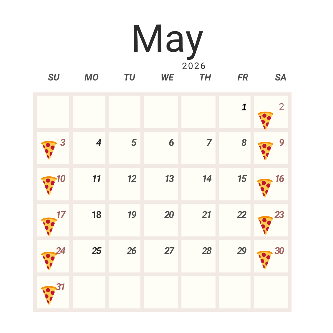 May Calendar PizzAria Colorado Springs
