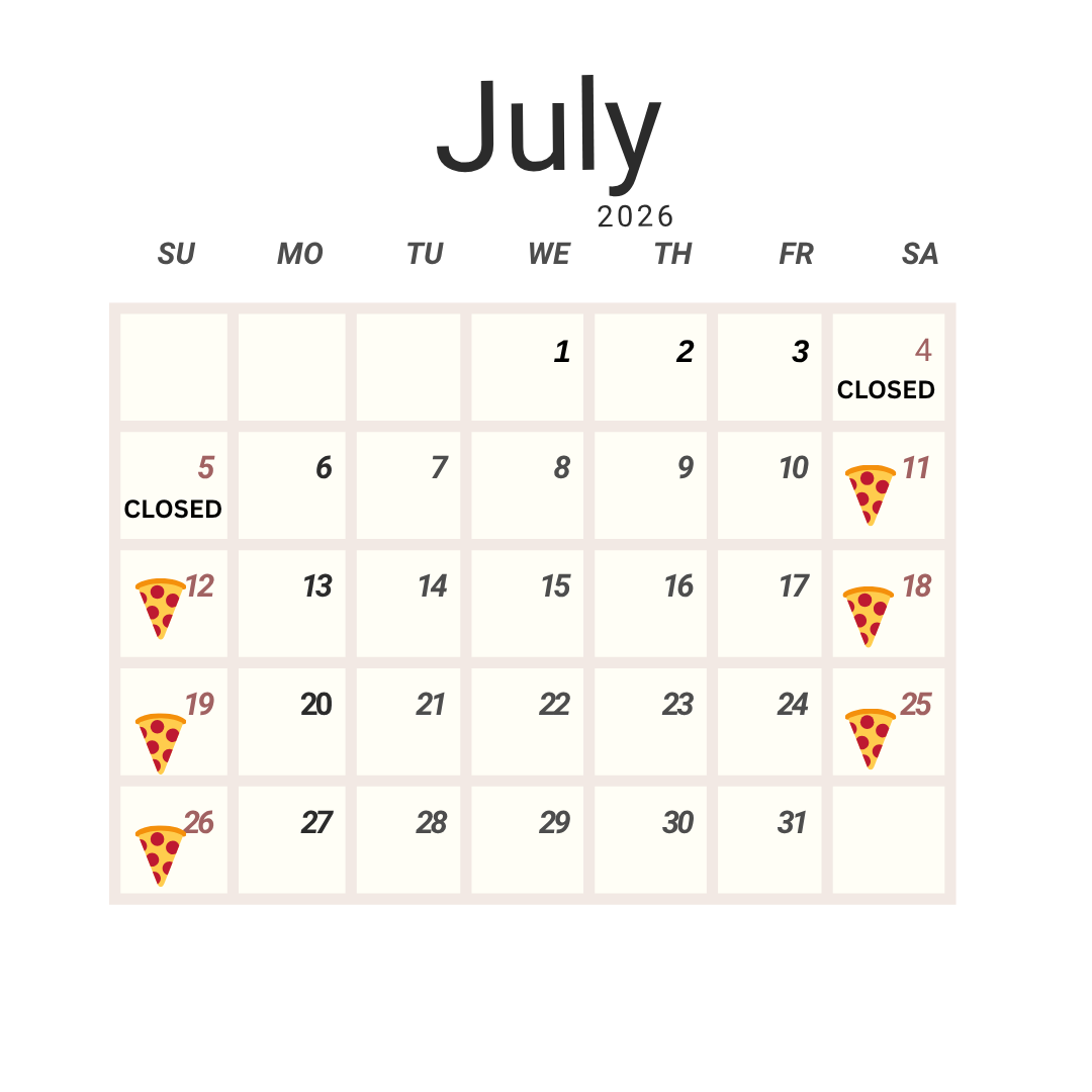 July Calendar PizzAria
