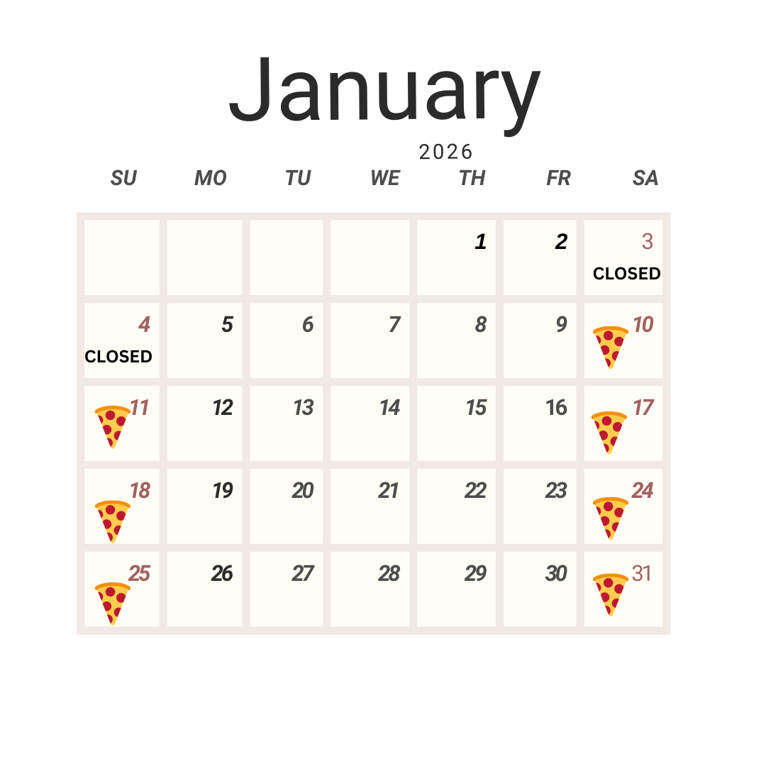 PizzAria January 2026 Calendar showing open weekends